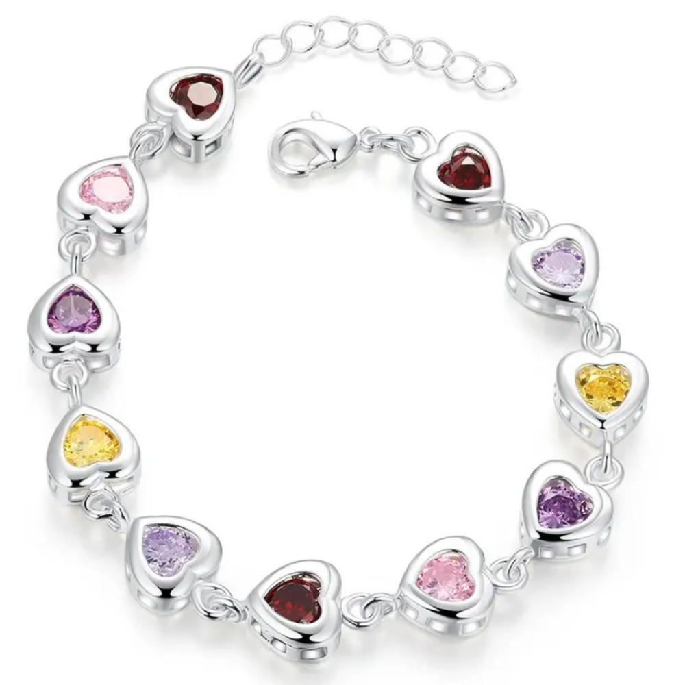 New 925 stamped Silver plated multi colored heart adjustable bracelet